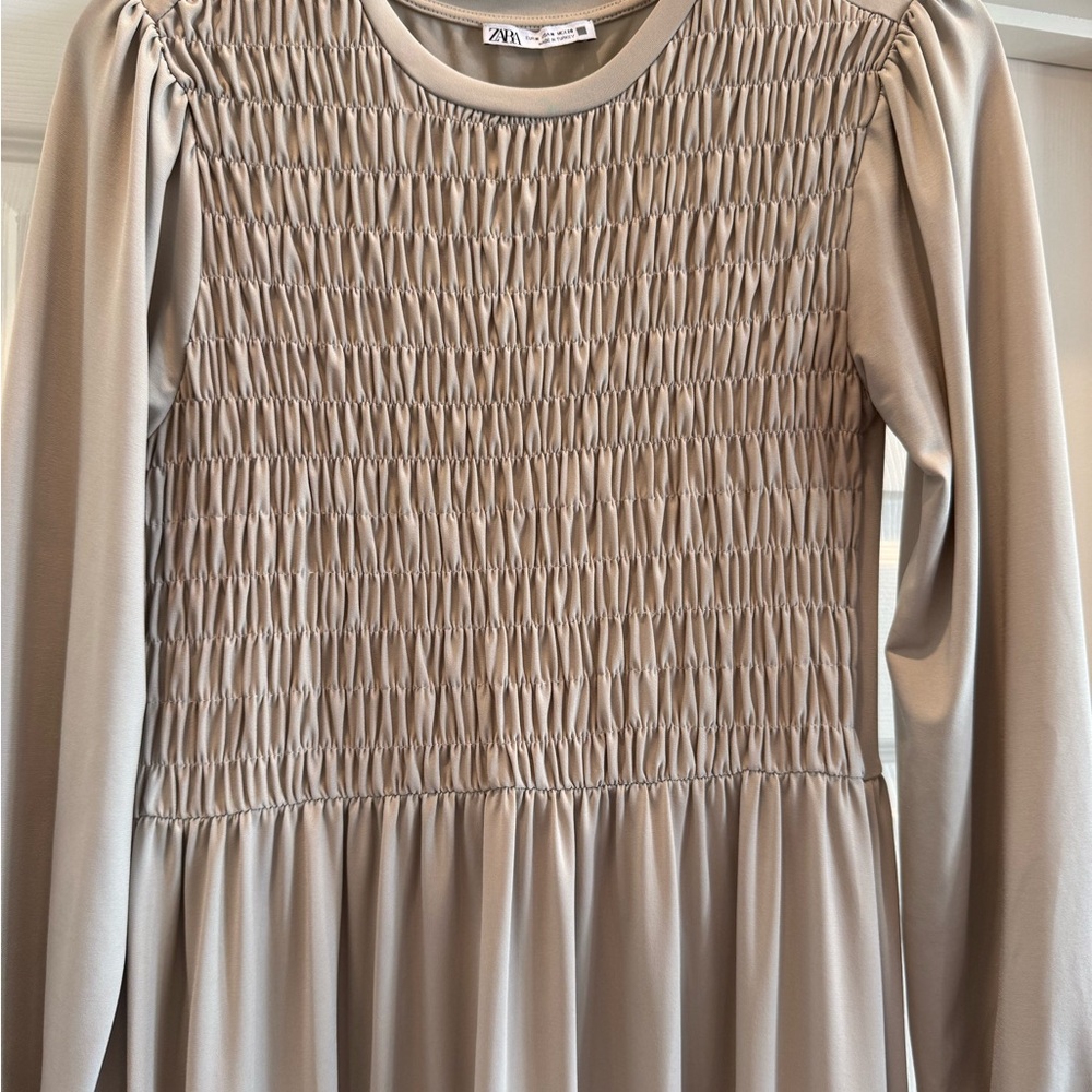 Zara Neutral Beige Smocked Neckline Top